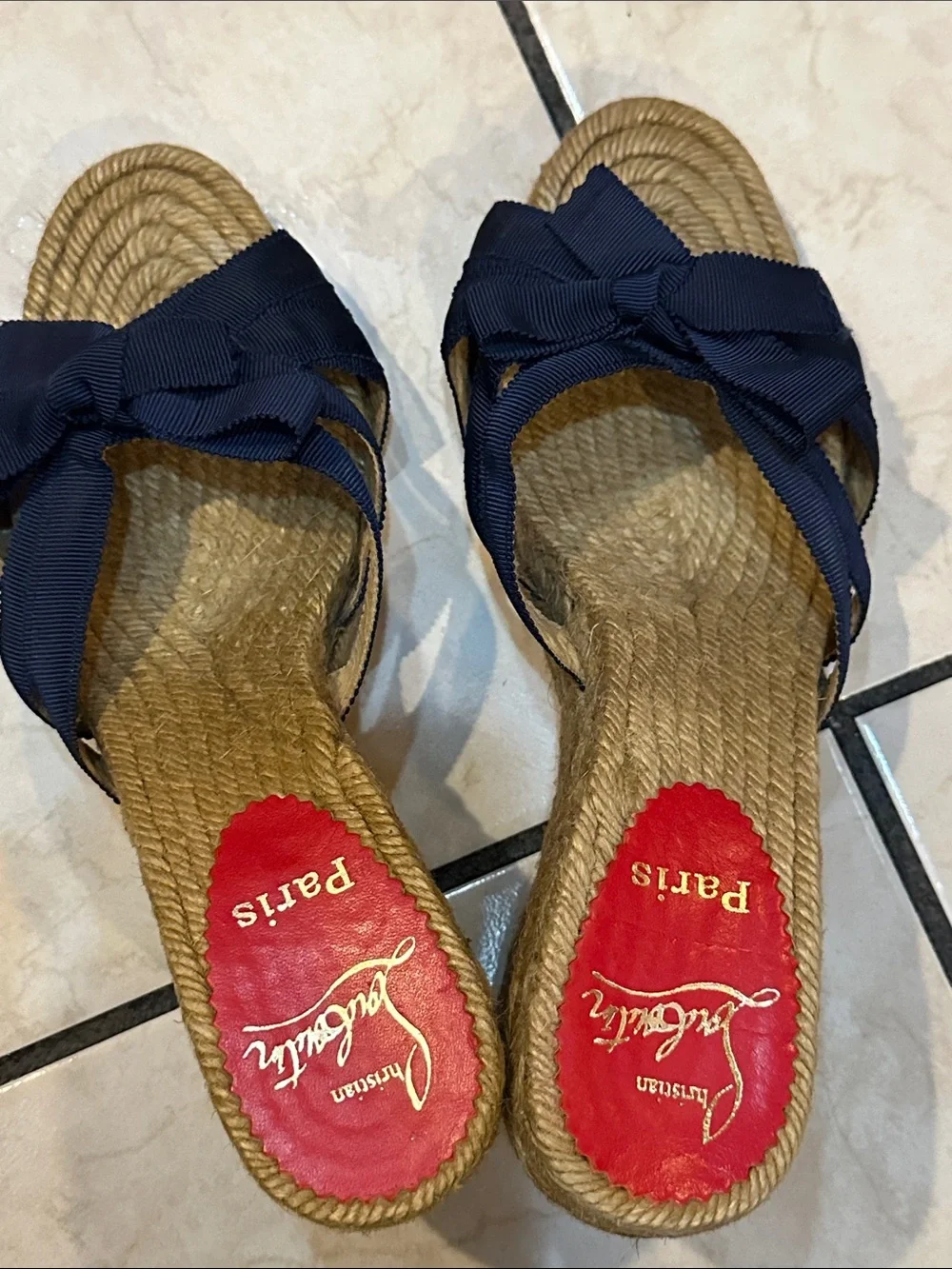 Christian Louboutin Navy Bow Rope Wedge Slides used in good condition
